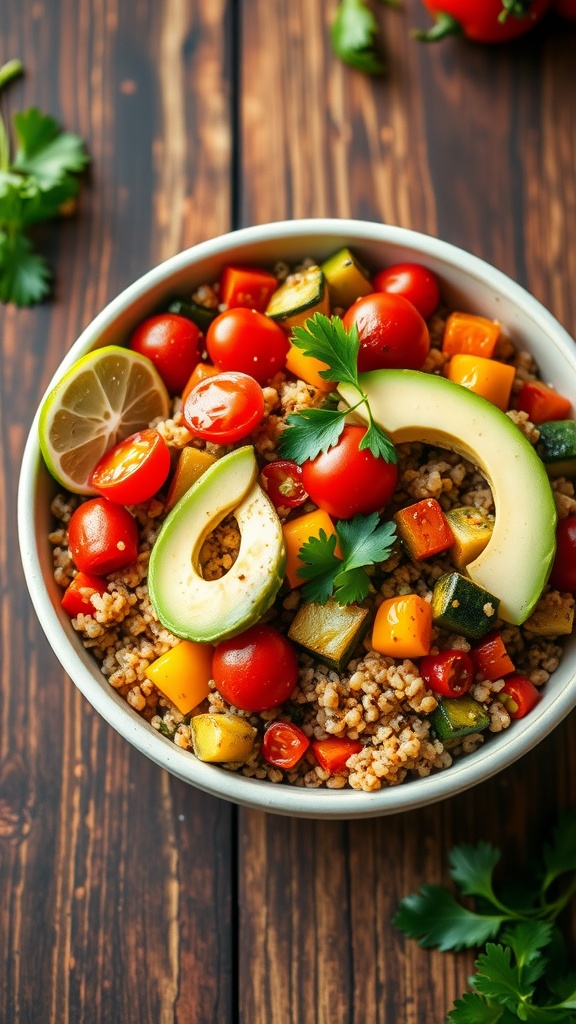 A nutritious quinoa bowl with roasted vegetables, avocado, and lime, on a rustic wooden table.